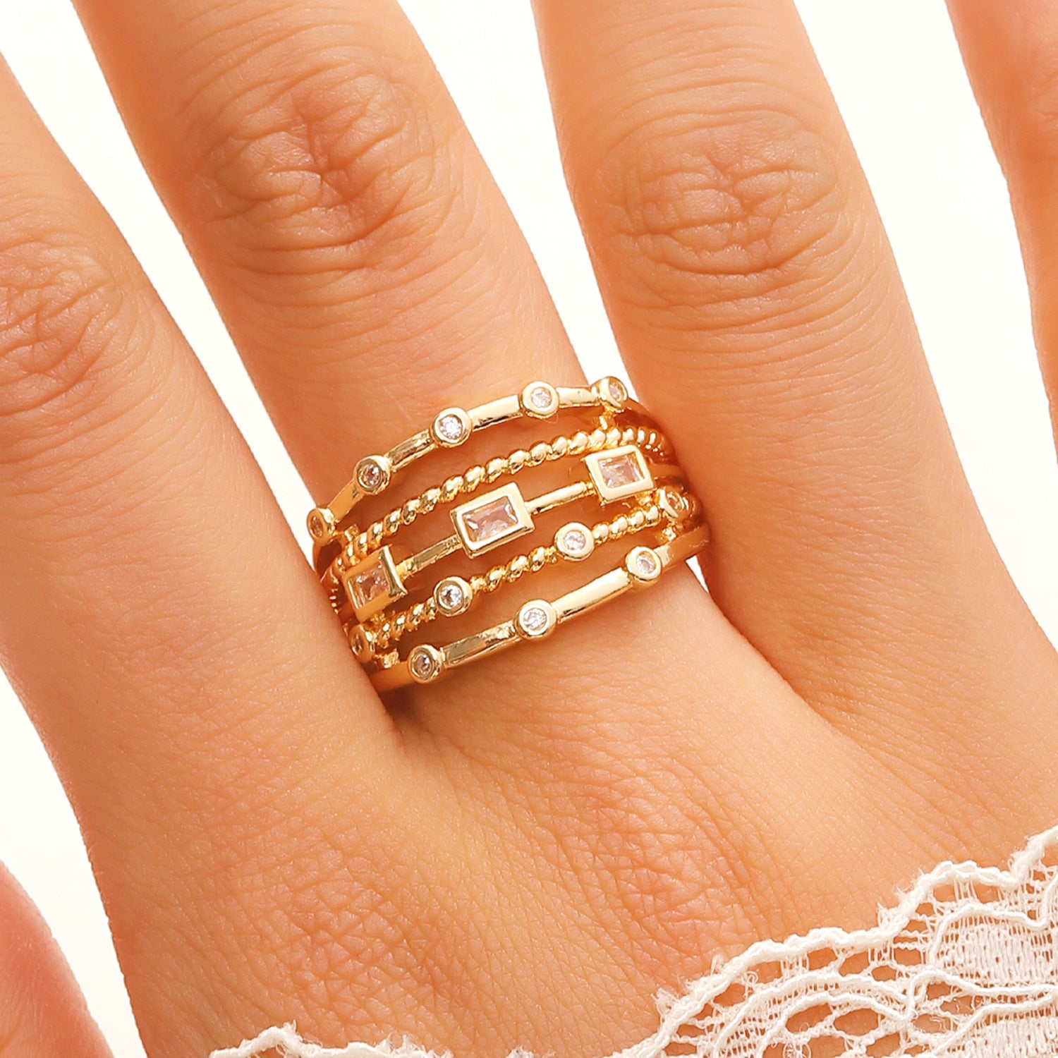 Multi-Layer Stack Gold Plated CZ Copper Anti Tarnish Fancy Ring Bulk Main image
