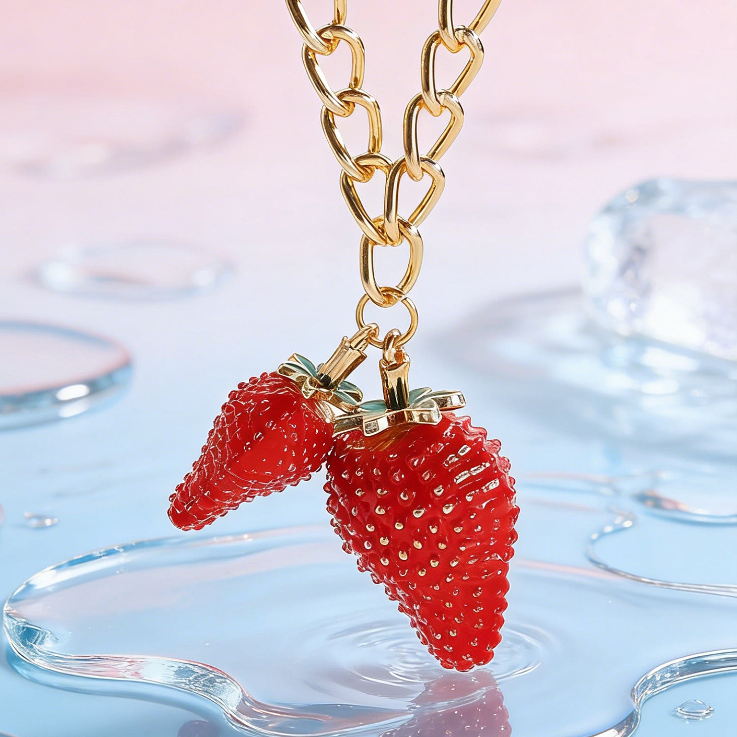 Luxury Strawberry Charm Gold Enamel Copper Necklace Earring Set Bulk