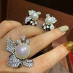 Bulk Bow Flower Silver CZ Pearl Copper Adjustable Cocktail Ring