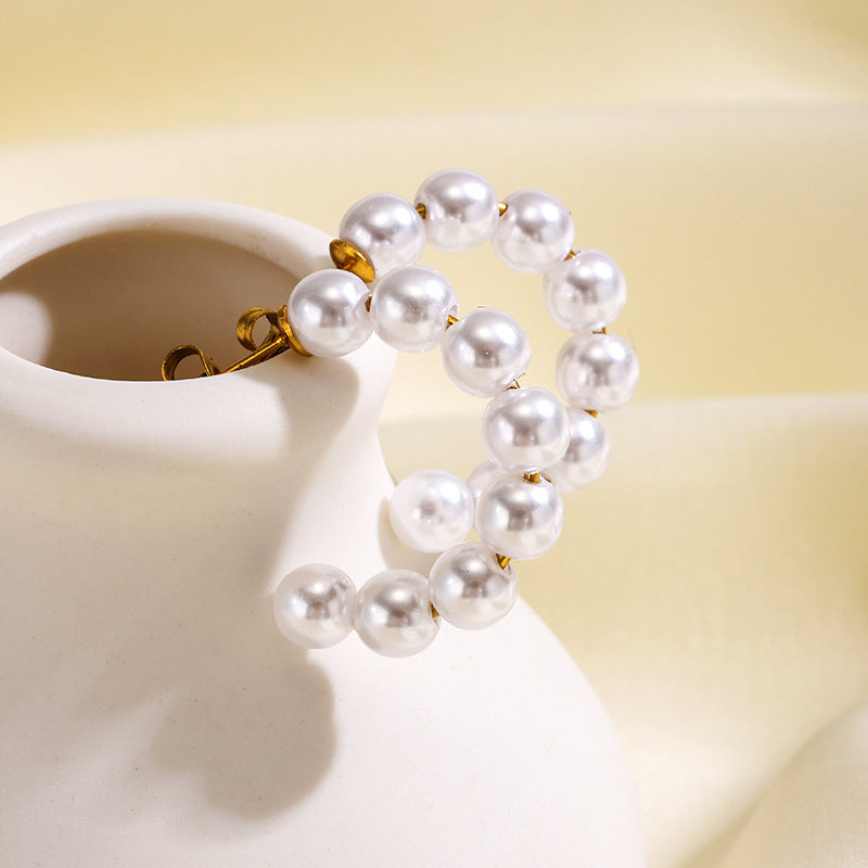 White Elegant Faux Gold Plated Pearl Stainless Steel Hoop Earrings Bulk