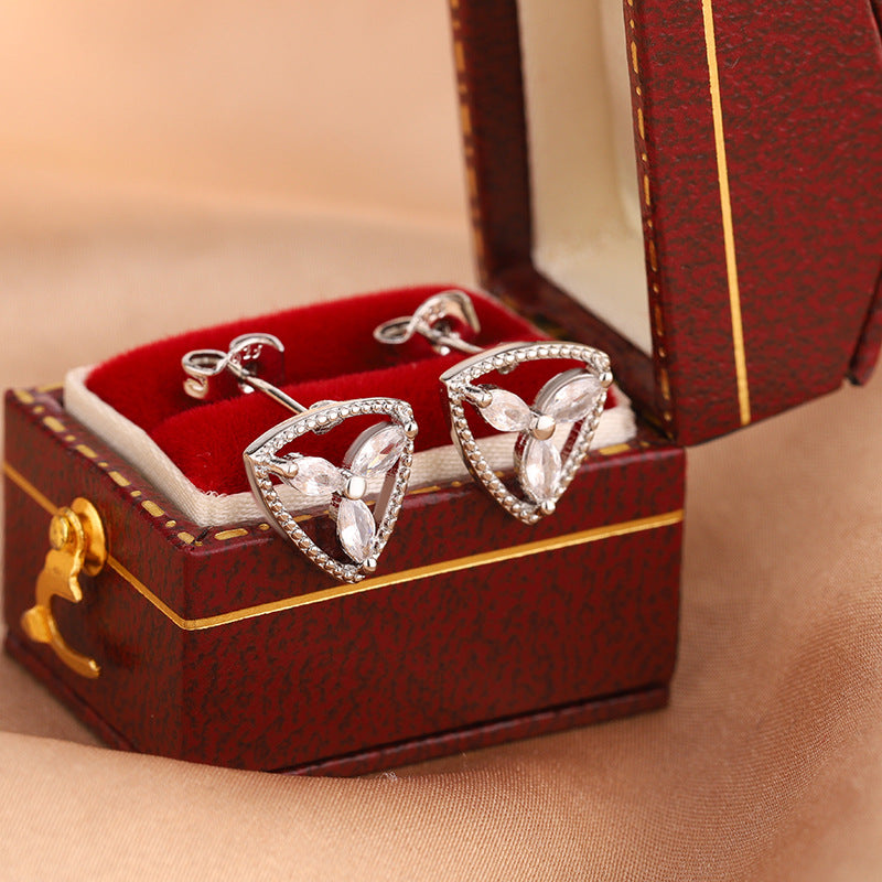 Silver Triangle Floral Cubic Zirconia Copper Stud Earrings For Women Bulk