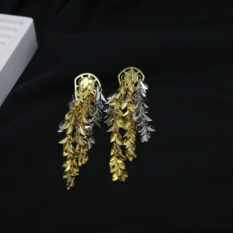 Luxury Dual Tone Cascading Leaf Gold Silver Copper Dangler Earrings Bulk