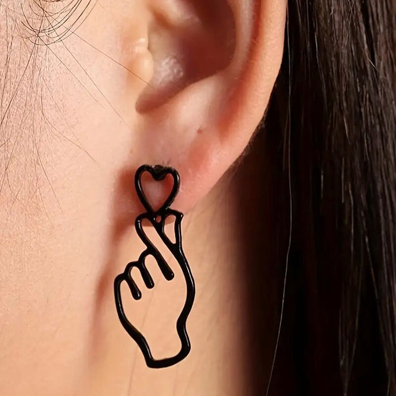 Hand Heart Black Silver 18K Gold Anti Tarnish Dangler Earring Bulk