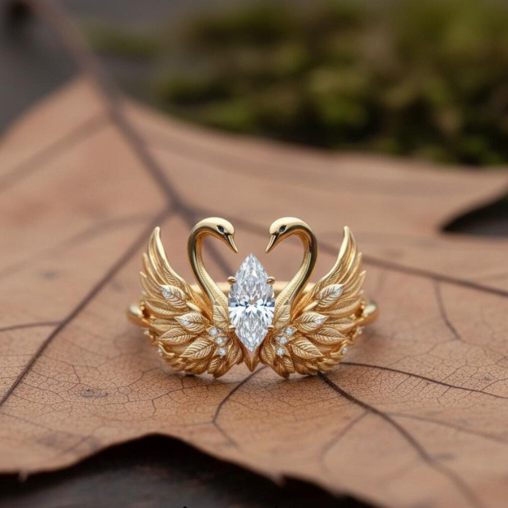 Gold Twin Swan Cubic Zirconia Copper Size Ring For Women Bulk