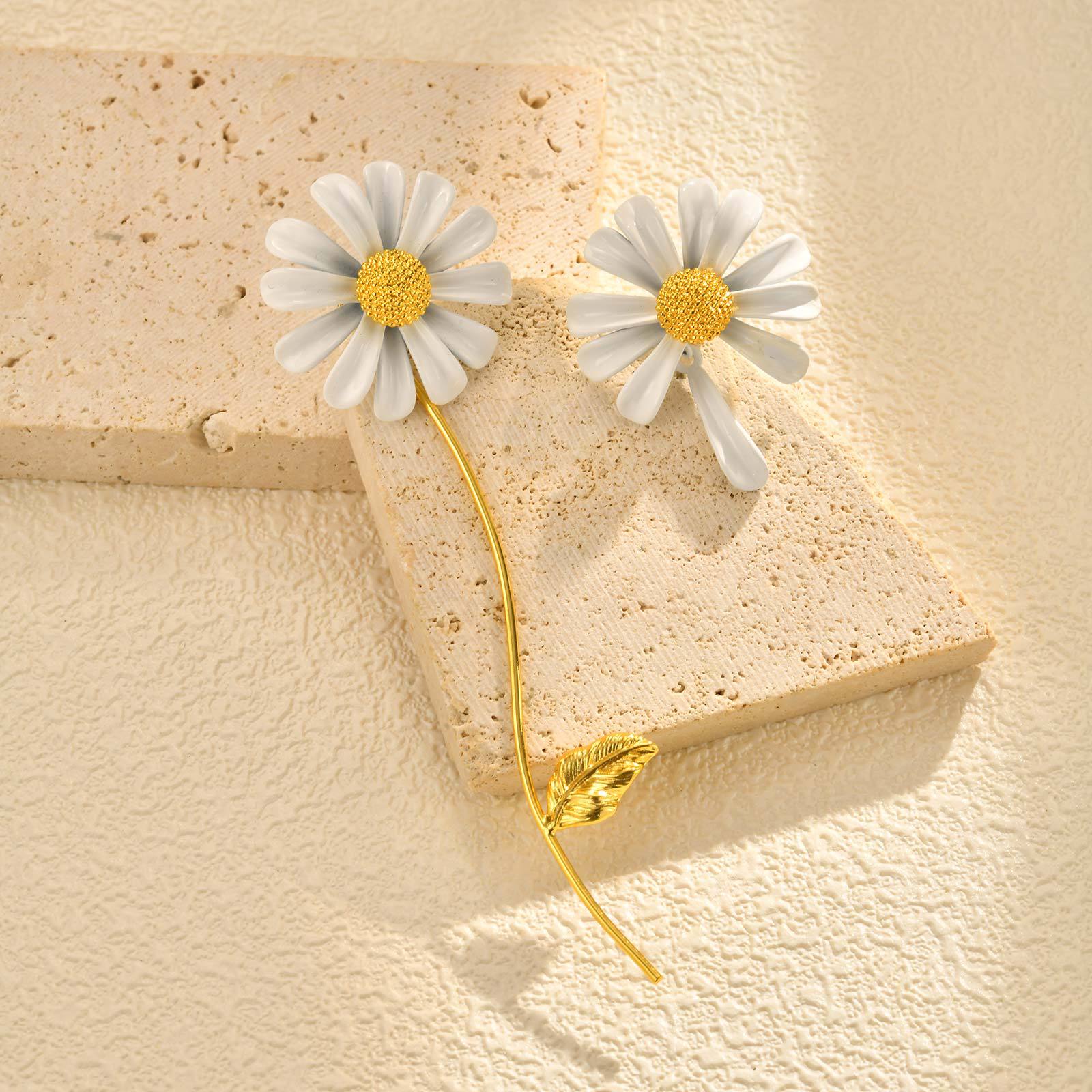 Bulk White Floral Daisy Style Gold Enamel Stainless Steel Drop Earrings