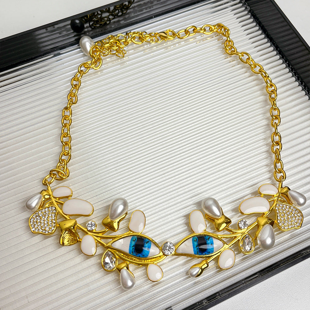 Evil Eye Leaf 18K Gold CZ Enamel Pearl Necklace Earring Set Bulk