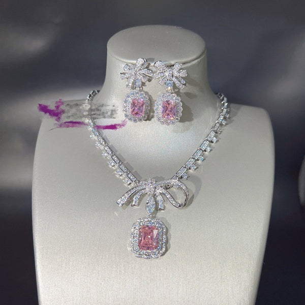 Pink Emerald Cut CZ Bow Silver Plated Copper Necklace Combo Set Bulk Main image