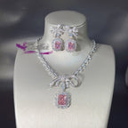 Pink Emerald Cut CZ Bow Silver Plated Copper Necklace Combo Set Bulk