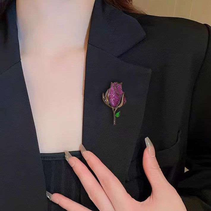 Pink Rose Black Cubic Zirconia Copper Anti Tarnish Brooch For Women Bulk 