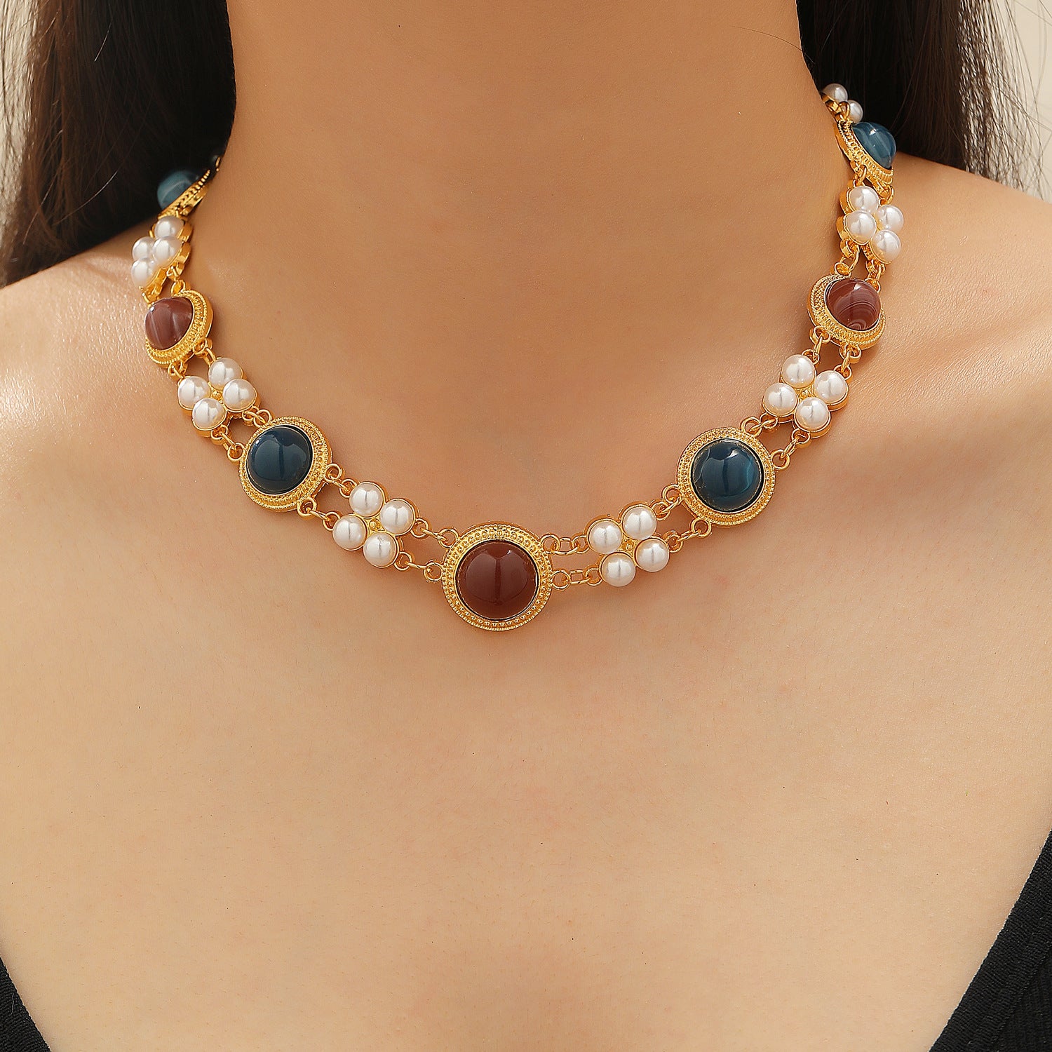 Designer Party Wear Gold Pearl Beads Necklace Earring Set Wholesale