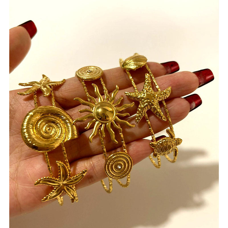 Starfish Conch Sun 18K Gold Stainless Steel Anti Tarnish Bracelet Cuff For Women