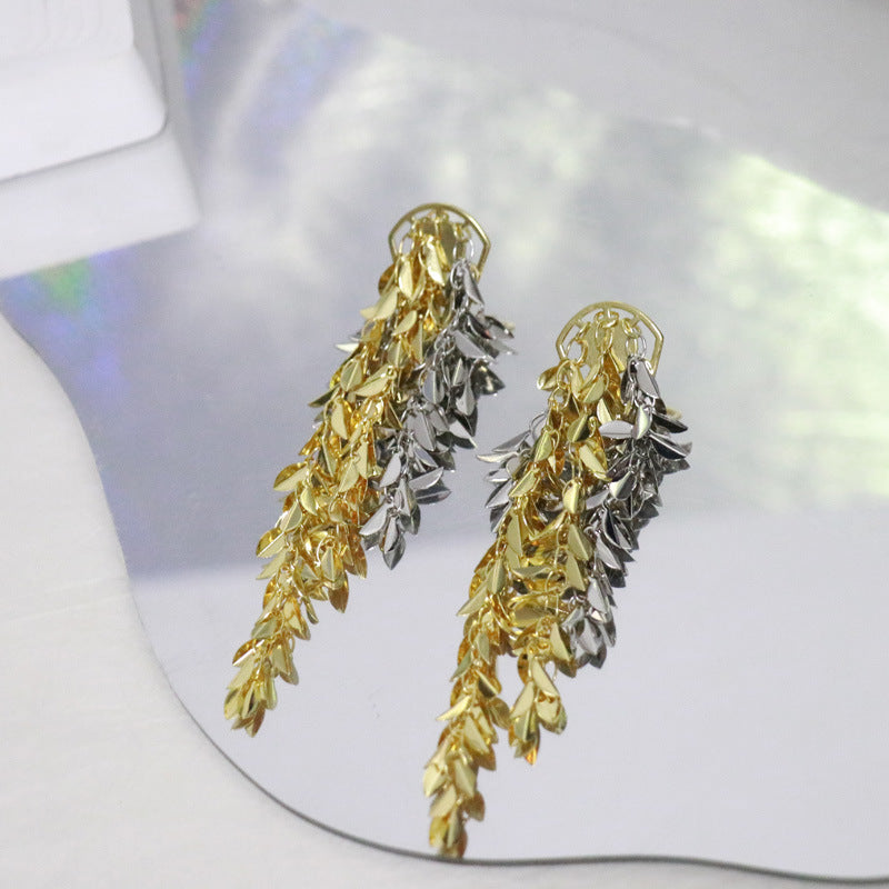 Luxury Dual Tone Cascading Leaf Gold Silver Copper Dangler Earrings Bulk