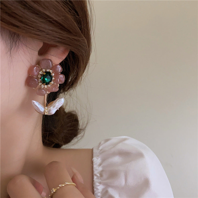 Pink Vintage Floral Gold Pearl Anti Tarnish Copper Drop Earrings Bulk Secondary image