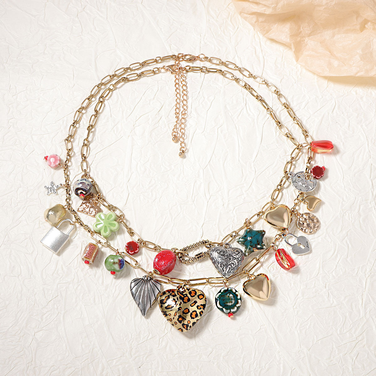 Dual Layer 18K Gold Heart Various Pieces Of Charm Necklace Women Bulk Main image