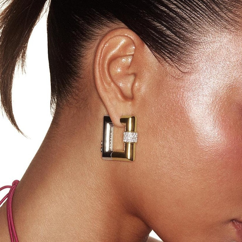 Elegant Dual Tone Square Gold Silver CZ Copper Hoop Earrings Wholesale Main image