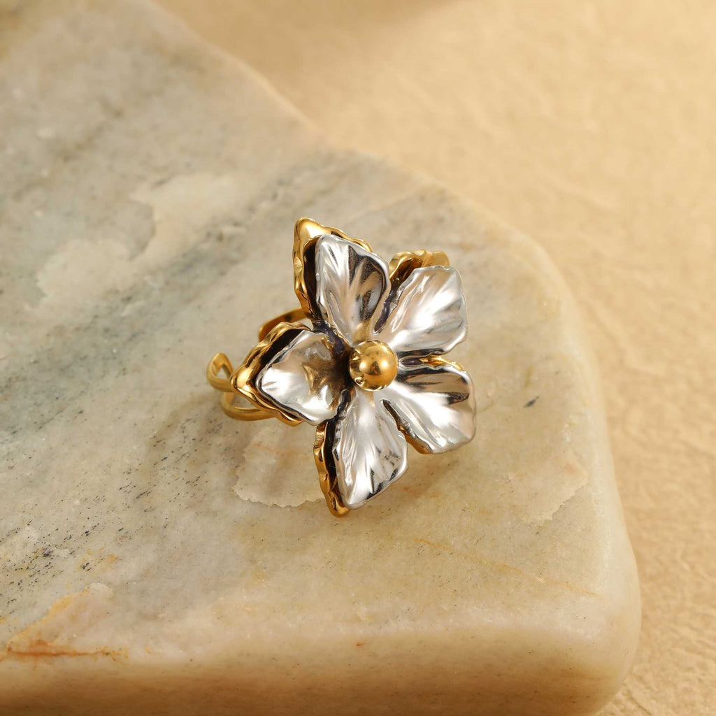 Flower Gold Silver Stainless Steel Anti Tarnish Adjustable Ring Bulk