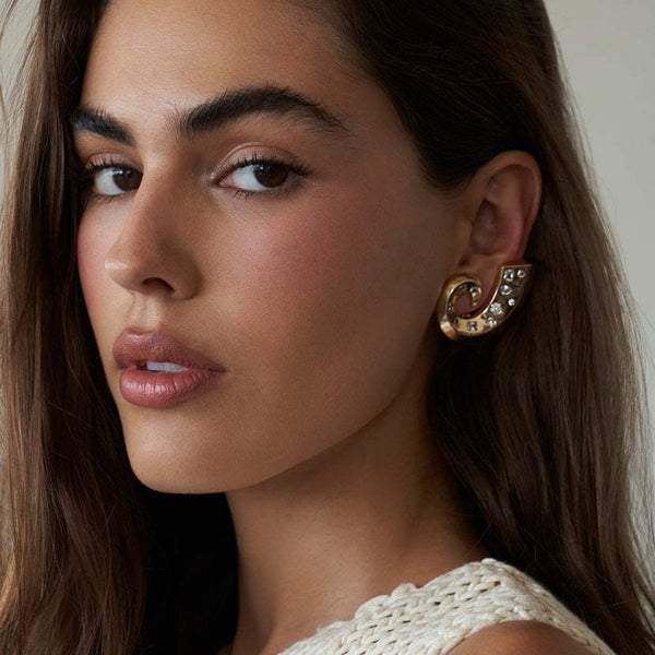 Elegant C-Curve Gold Plated CZ Stainless Steel Stud Earrings Wholesale Secondary image