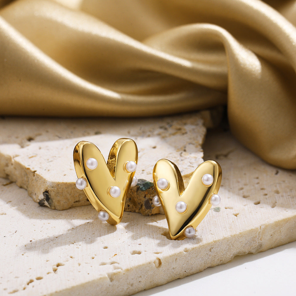 Heart Gold Plated Pearl Anti Tarnish Stainless Steel Stud Earrings Bulk