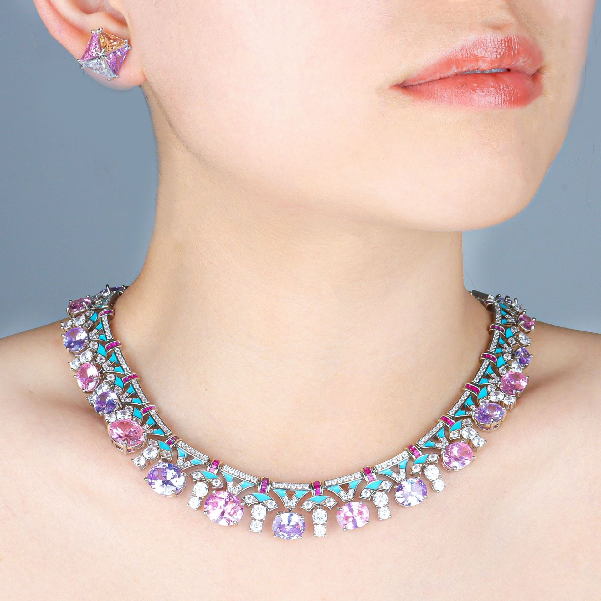 Luxury Silver Tone Pink Purple White CZ Copper Necklace Earring Set Bulk
