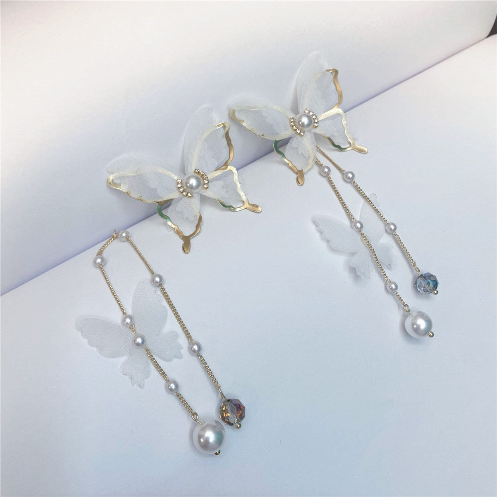 Fairy 18K Gold Long Butterfly White Pearl Anti Tarnish Necklace Earrings Set For Women