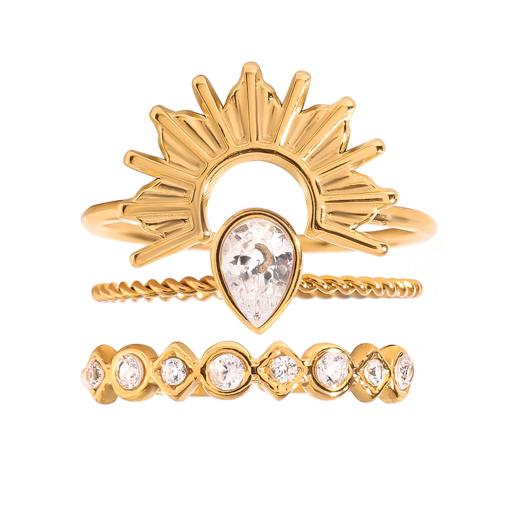 Trendy Sunburst Style Gold CZ Stainless Steel Adjustable Ring Wholesale