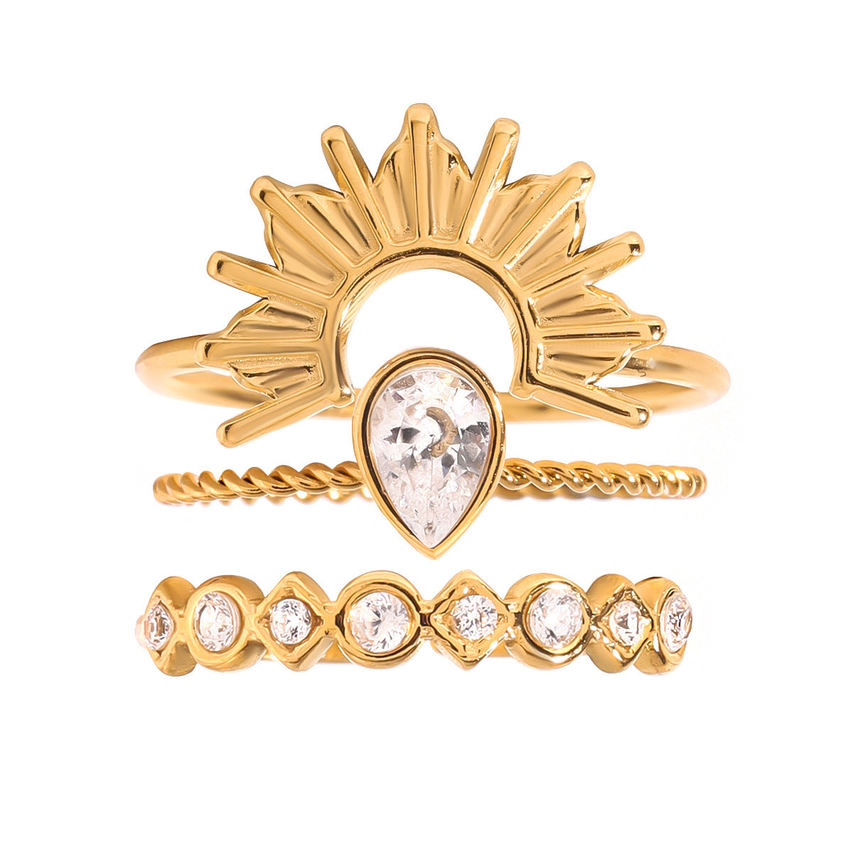 Trendy Sunburst Style Gold CZ Stainless Steel Adjustable Ring Wholesale