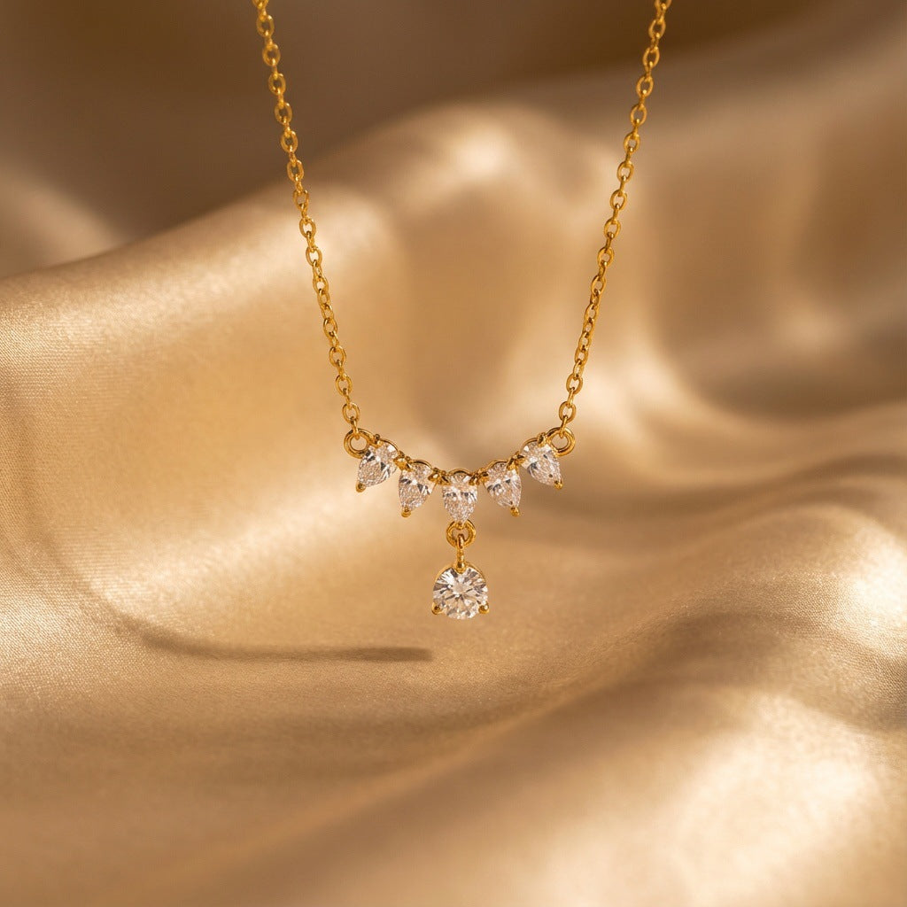 Stylish Teardrop Heart Stone Gold CZ Anti Tarnish Copper Necklace Bulk