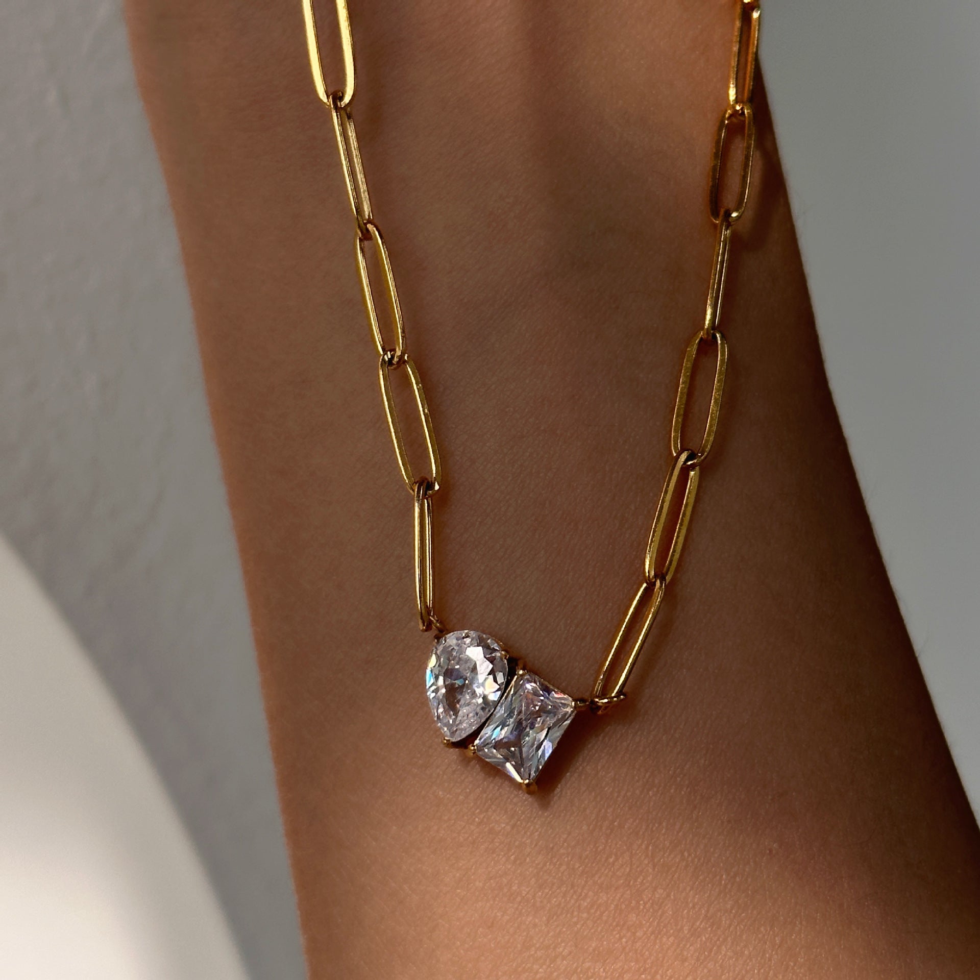 Joint Rectangle Drop Solitaire 18K Gold Plated Stainless Steel Anti Tarnish Necklace Chain For Women Main image