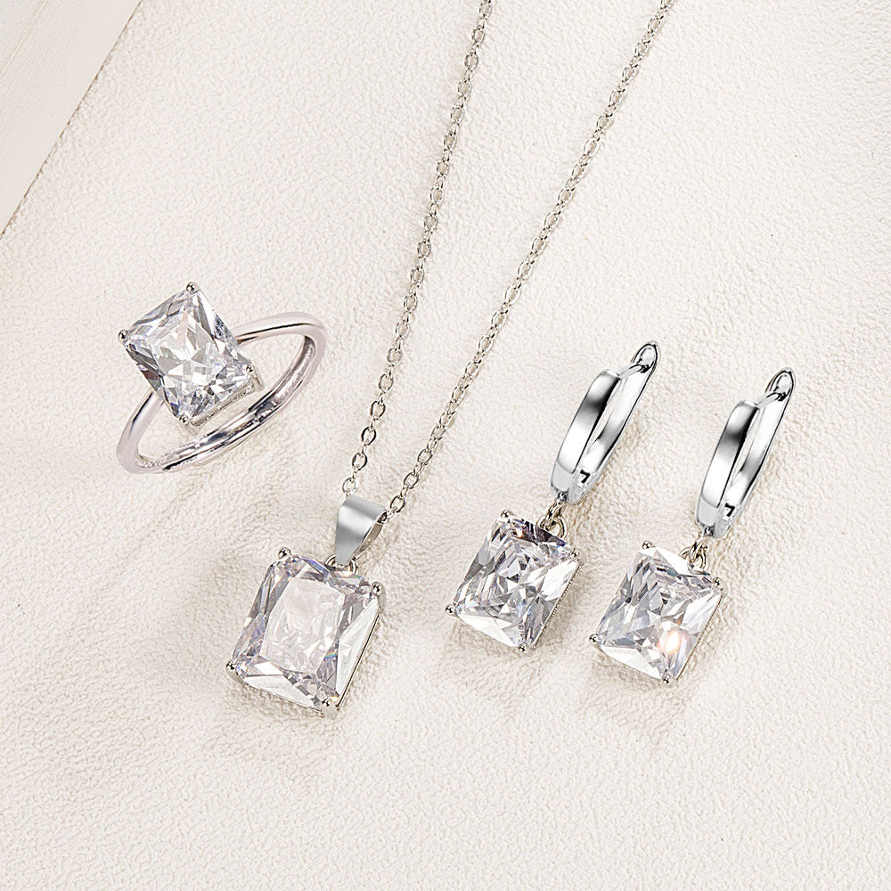 Rectangle Solitaire Silver Multi Color Cubic Zirconia Pendant Chain Earring Ring Set For Women Secondary image