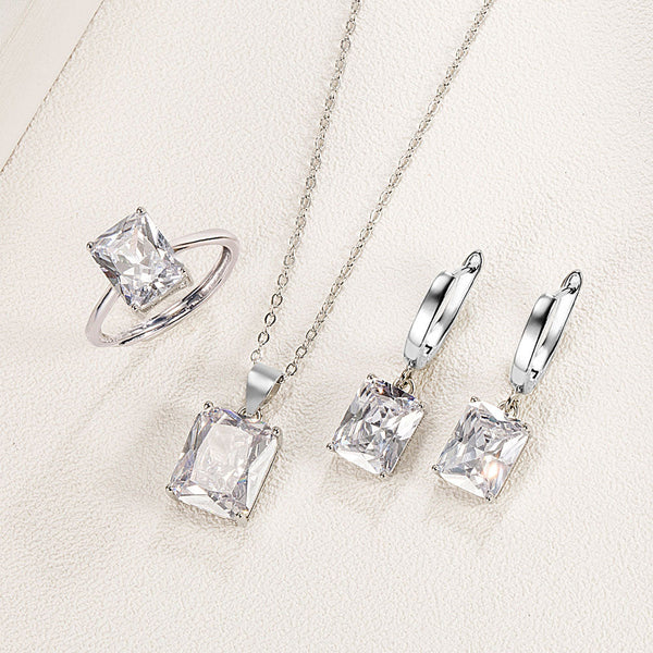 Rectangle Solitaire Silver Multi Color Cubic Zirconia Pendant Chain Earring Ring Set For Women Secondary image
