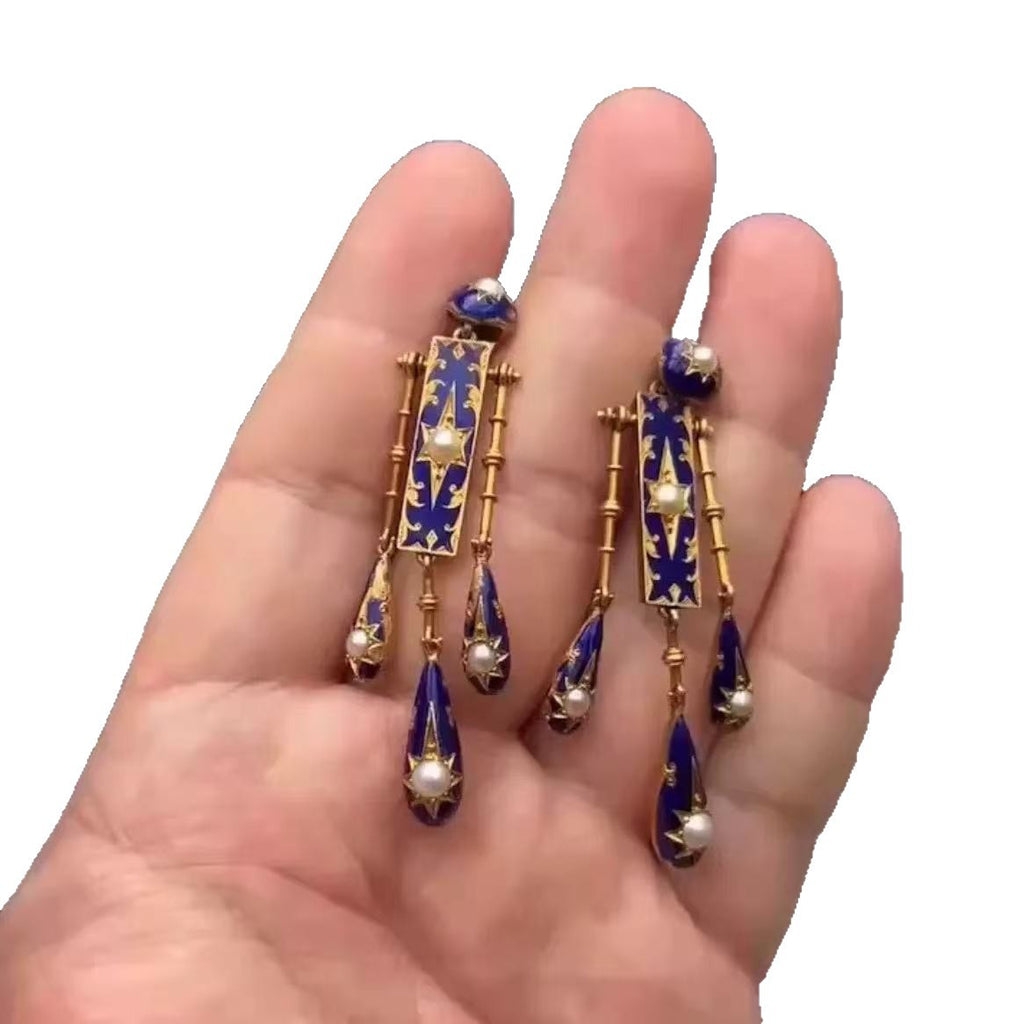 Vintage Art Deco Blue Enamel Gold Pearl Copper Dangler Earrings Bulk