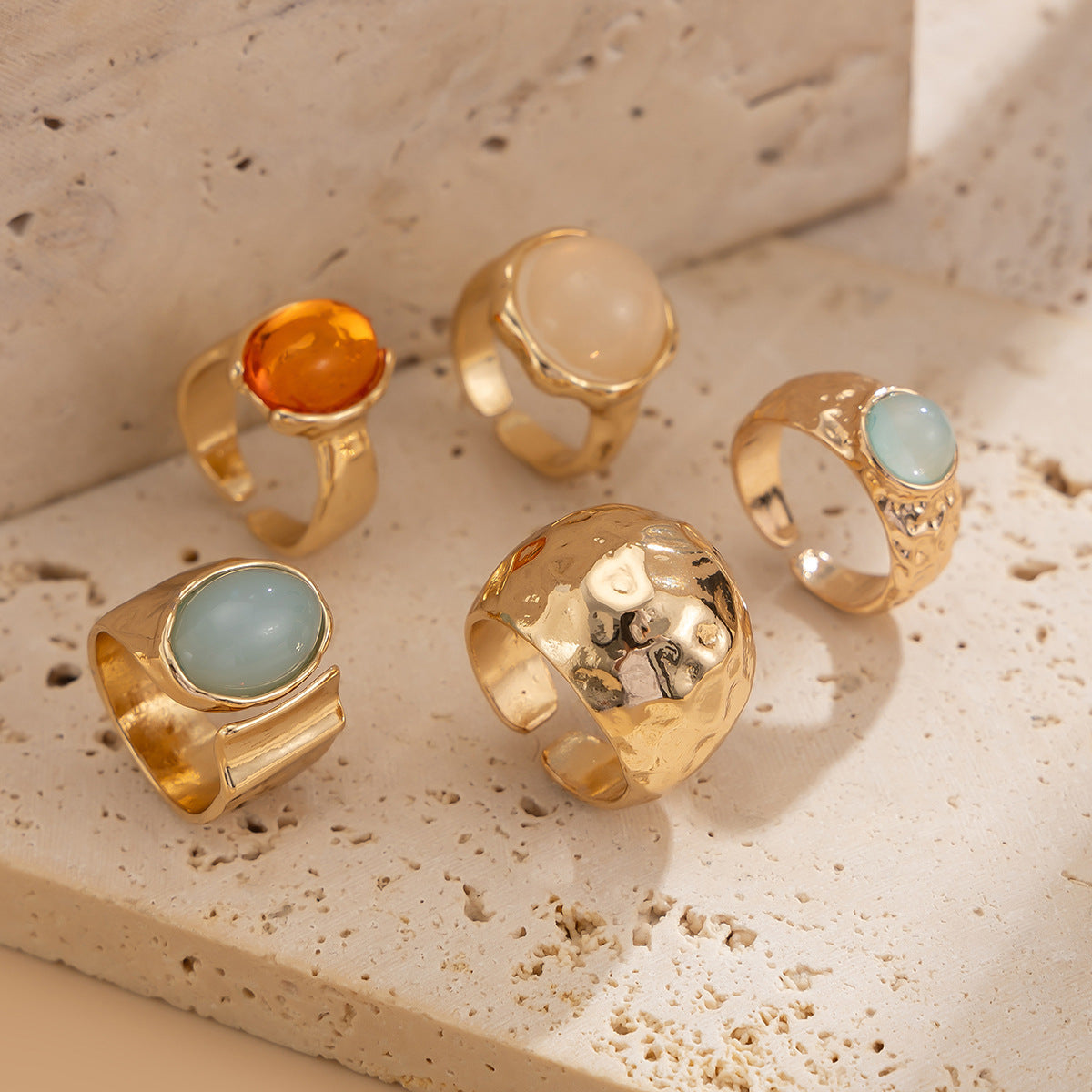 Beaten Finish Green Orange Gemstone Gold Ring Combo Pack Of 5 Bulk