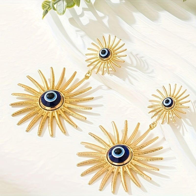Dual Sun Flower Evil Eye 18K Gold Dangler Earring For Women Bulk