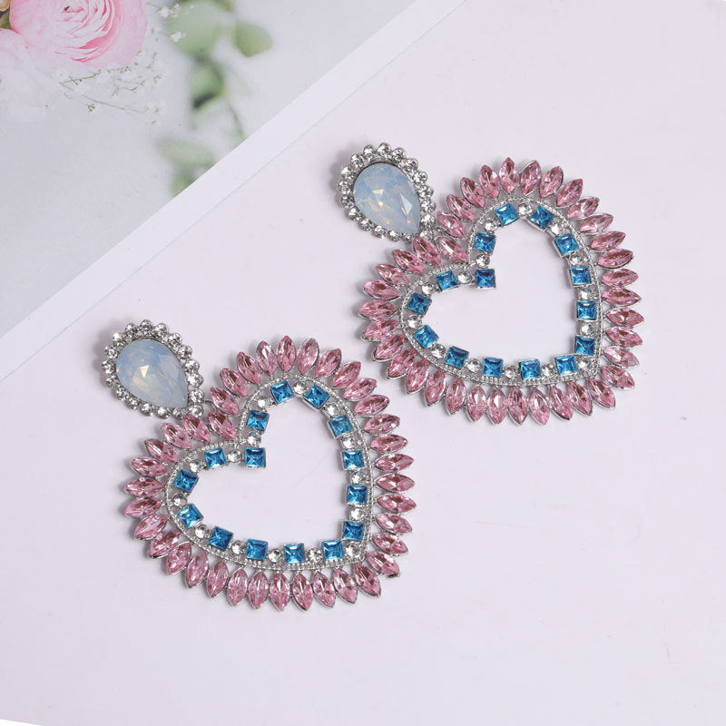 Heart Silver Pink Blue Crystal Cubic Zirconia Dangler Earring Bulk Main image