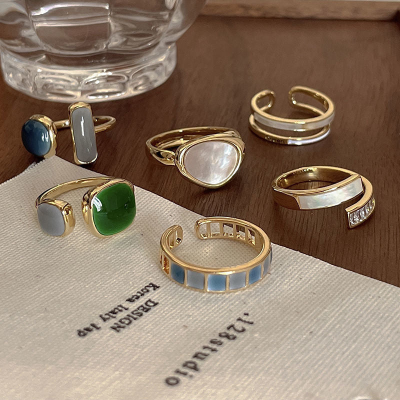 Cushion Grey Green 18K Gold Plated Enamel Free Size Ring Women Bulk