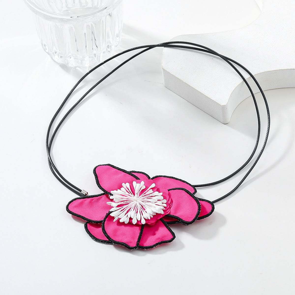 Flower Colorful Pink Green White With Black Boarder Cloth Necklace For Women