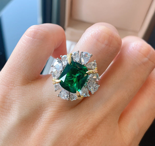 Cushion Drop Green Solitaire Silver Anti Tarnish Free Size Ring Bulk