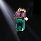 Dual Parrot Pink Green 18K Gold Plated Gemstone Crystals Pearl Anti Tarnish Brooch For Women