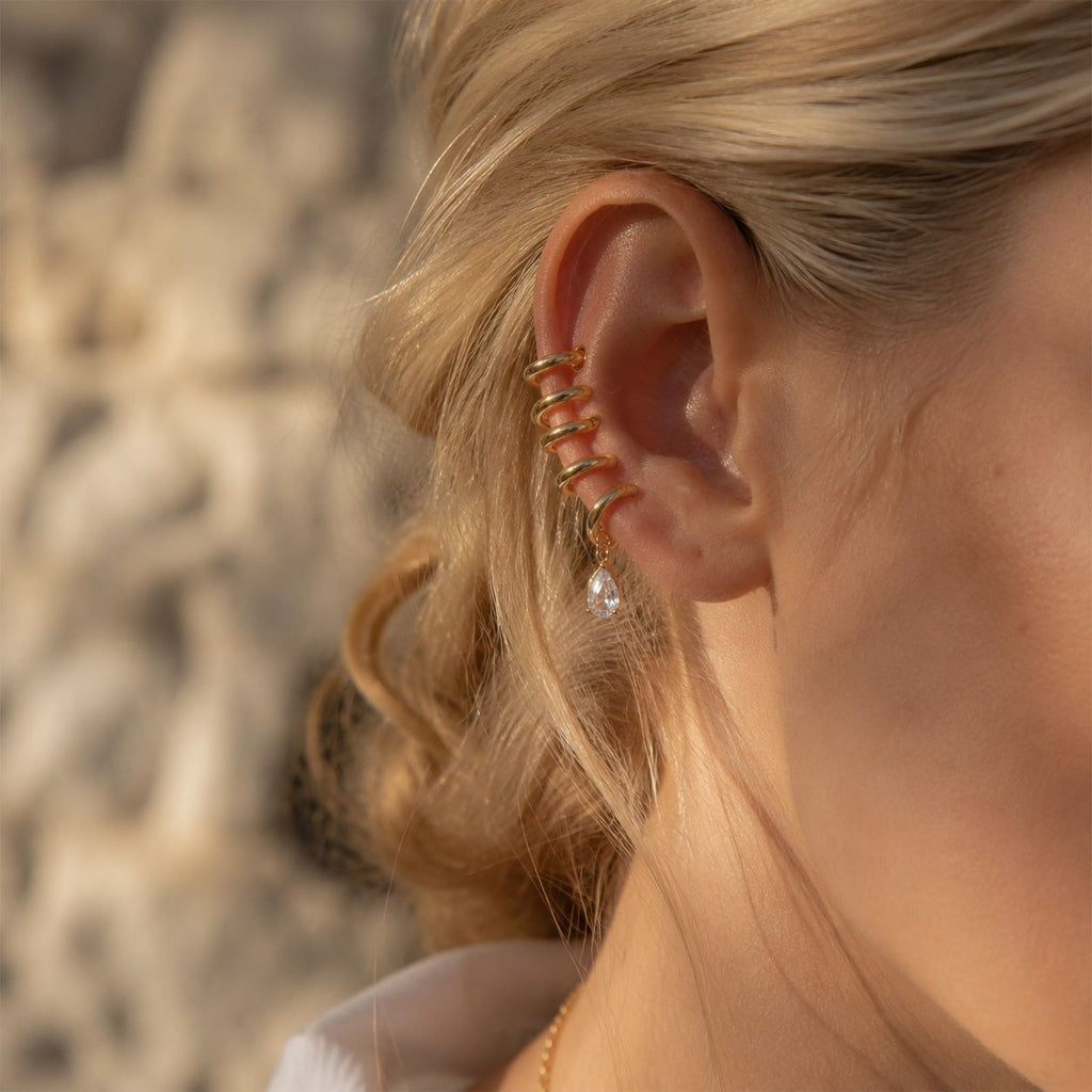 Gold Geometric Spiral CZ Teardrop Stainless Steel Ear Cuff Earrings Bulk