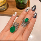 Feather Green Silver Anti Tarnish Free Size Ring For Women Bulk