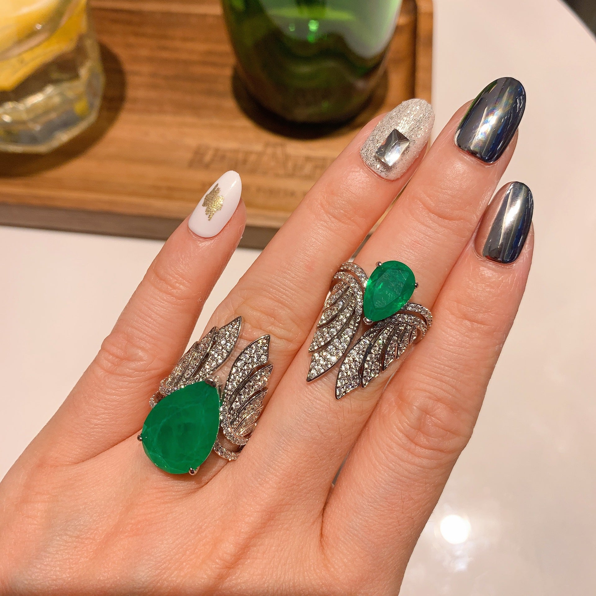 Feather Green Silver Anti Tarnish Free Size Ring For Women Bulk