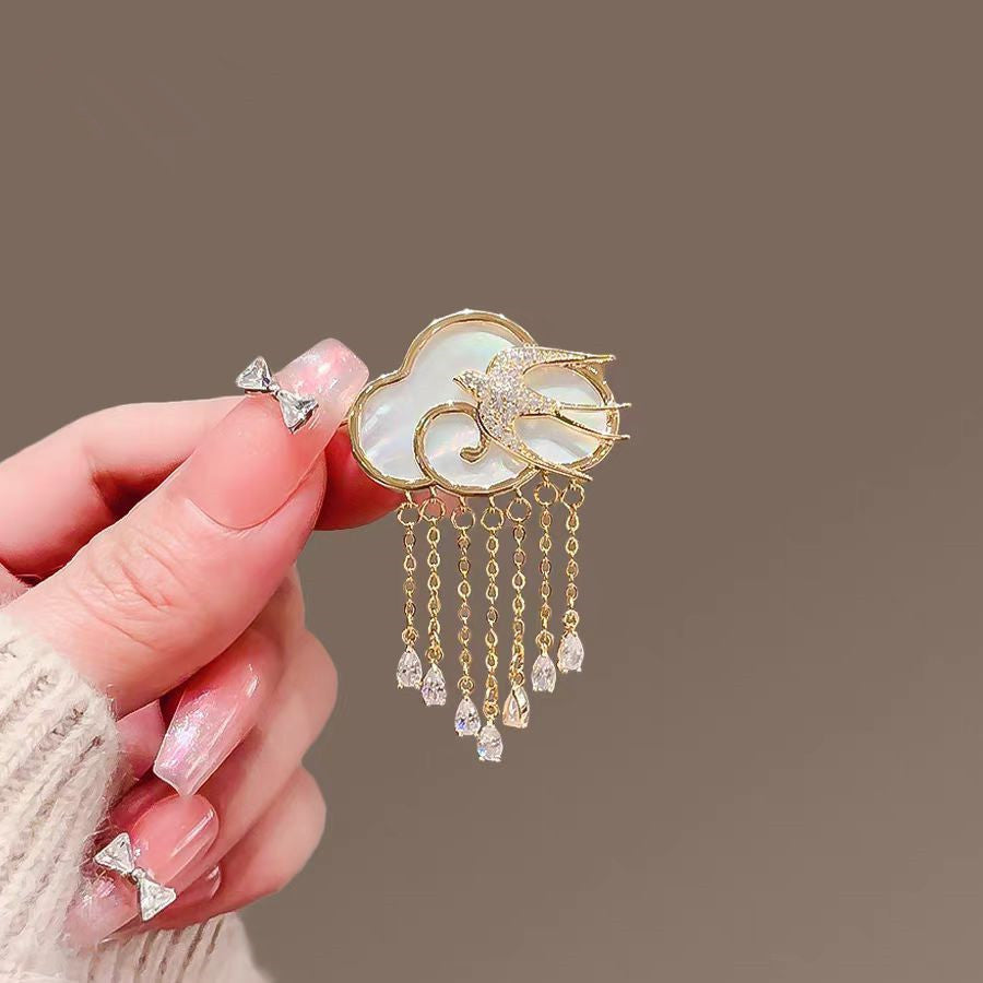 White Cloud Bird Rain Gold Plated Enamel Coppe Brooch For Women Bulk