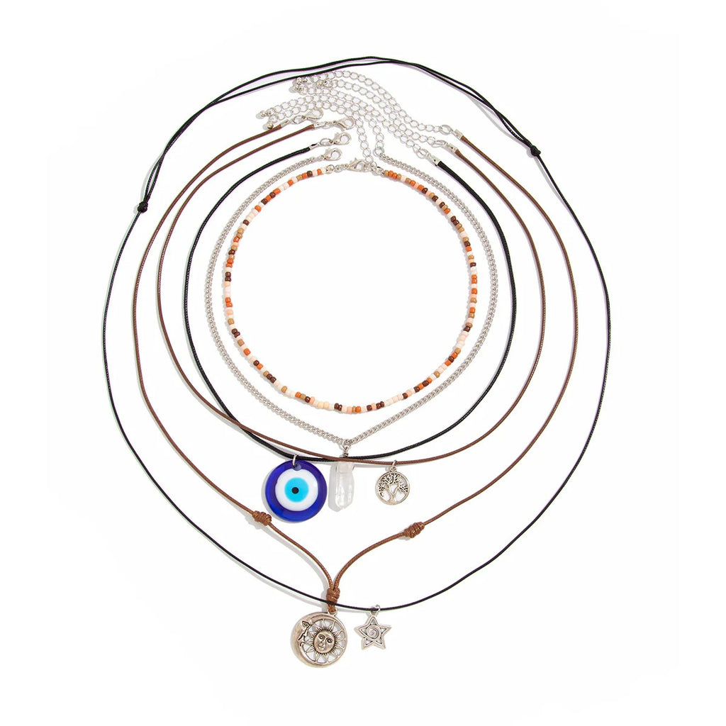 Star Moon Evil Eye Beads Silver Layer Necklace Pendant Chain Bulk