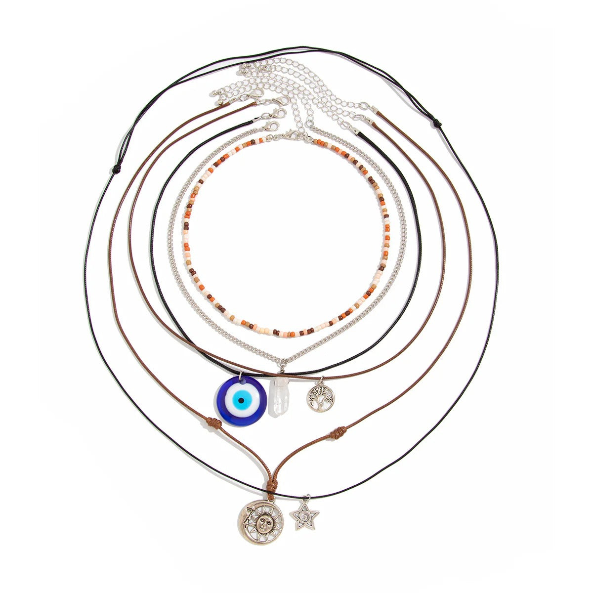 Star Moon Evil Eye Beads Silver Layer Necklace Pendant Chain Bulk