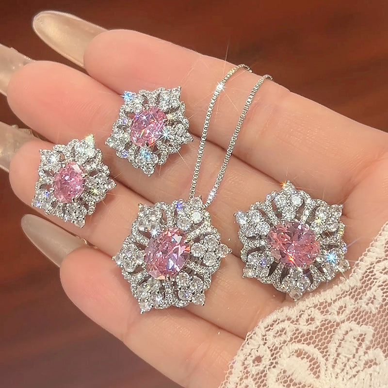 Flower Red Gemstone Silver CZ Necklace Earring Ring Set Bulk
