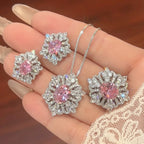 Flower Red Gemstone Silver CZ Necklace Earring Ring Set Bulk