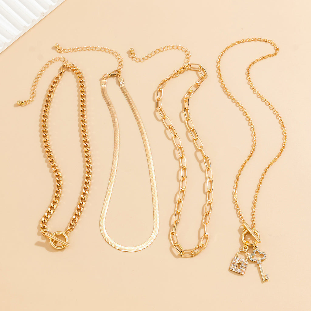 Key Lock 18K Gold Cubic Zirconia Curb Snake Chain Layer Necklace Bulk
