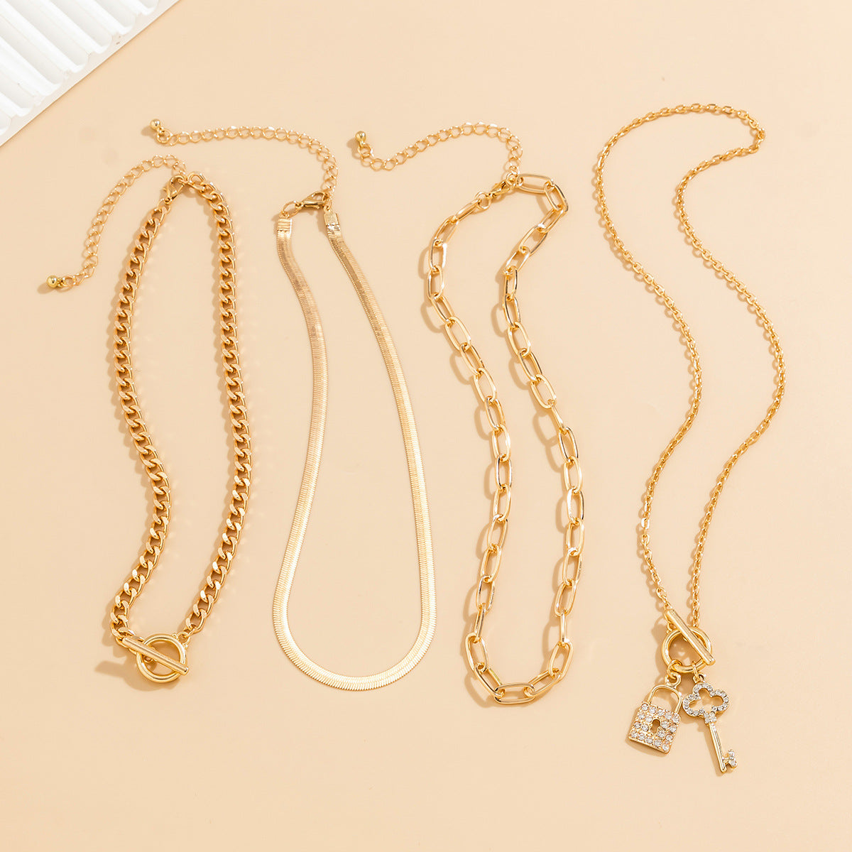 Key Lock 18K Gold Cubic Zirconia Curb Snake Chain Layer Necklace Bulk