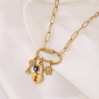 Evil Eye Sun Key Lock Charm 18K Gold Stainless Steel Anti Tarnish Enamel Link Chain Necklace For Women