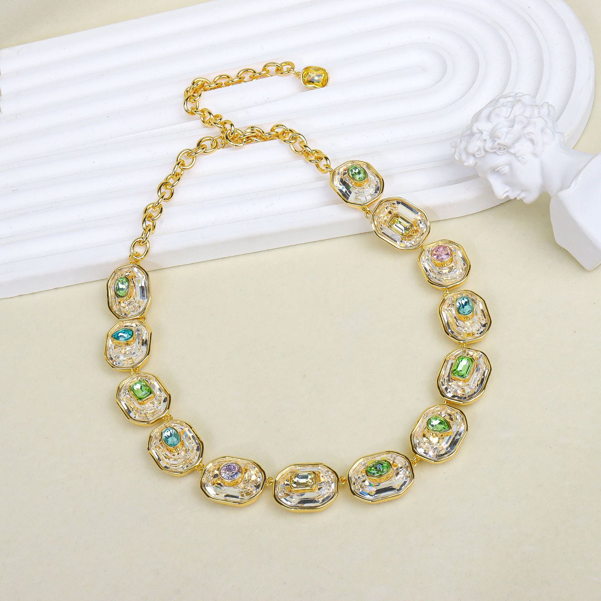 White Geometric Link Baguette Gold CZ Copper Necklace Combo Set Bulk